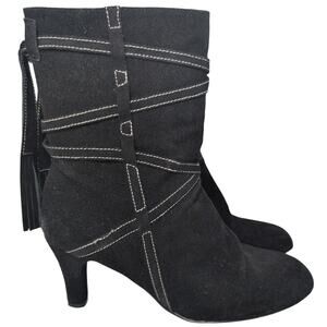 Black Suede Kitten Heel Boots Women 10M Western Boho Festival Grunge Tassel